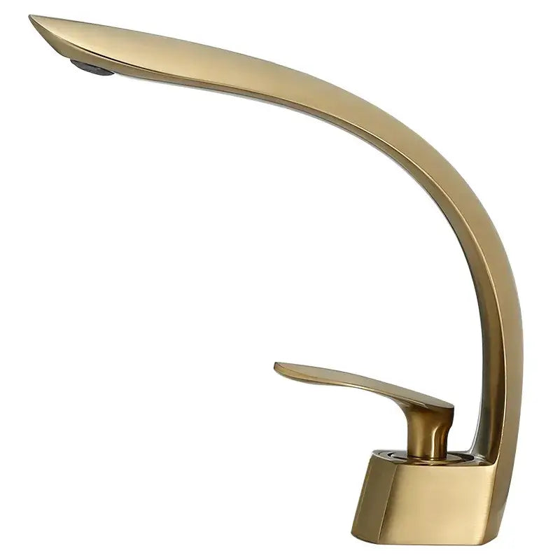 Modern brushed gold basin faucet with sleek curved design and polished metallic finish for elegant bathroom decorbites brushed gold
