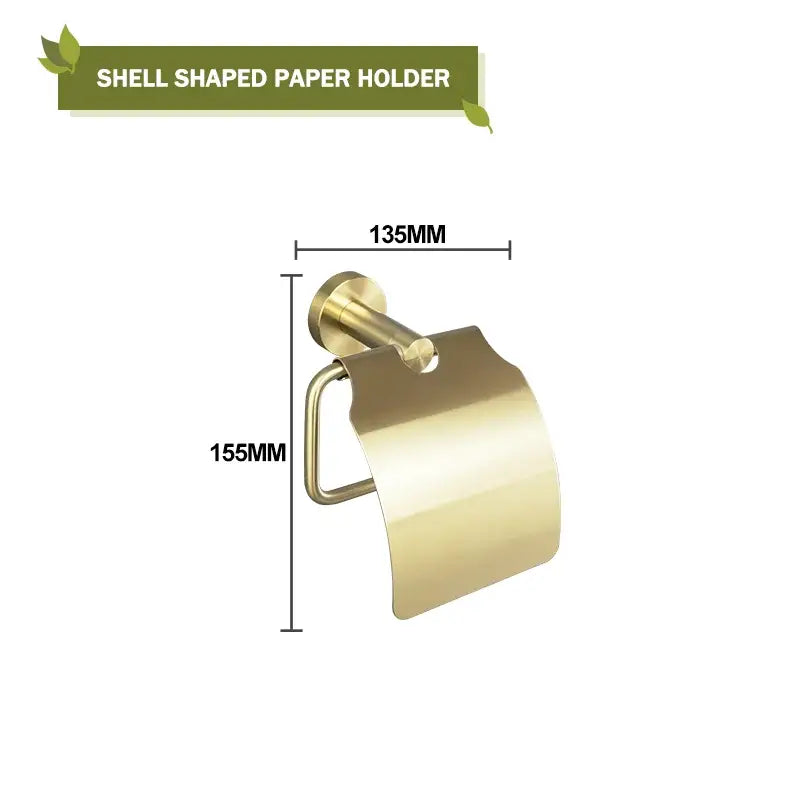 Brass-colored shell-shaped paper holder with metallic finish and curved design in modern brushed gold bath hardware set
