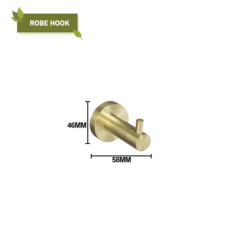 Brass-finished robe hook with circular base and cylindrical arm from modern brushed gold bath hardware set