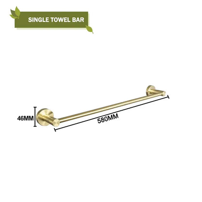 Modern brushed gold bath hardware set featuring a brass-finished single towel bar 580mm in length with sleek design