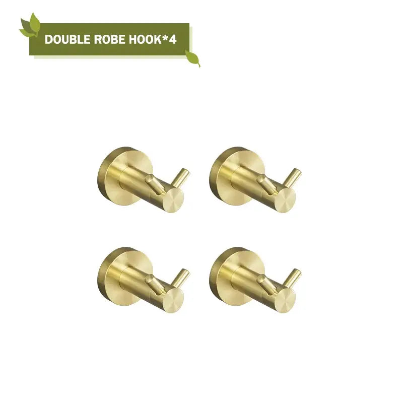 Set of four brushed brass double robe hooks with a sleek modern design in a modern brushed gold bath hardware set