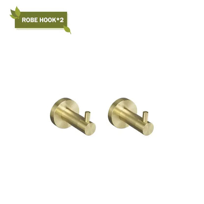 Pair of modern brushed gold bath hardware set robe hooks with circular mounting plates and cylindrical arms in brass
