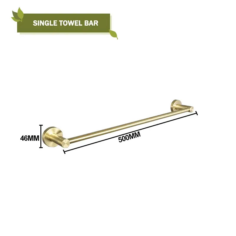 A sleek 500mm long polished brass single towel bar with circular ends for modern brushed gold bath hardware set
