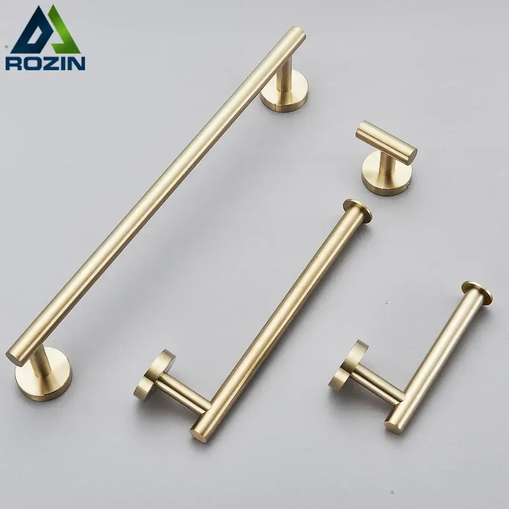 Modern brushed gold stainless steel bathroom accessories set with sleek metal towel rack and brushed finish