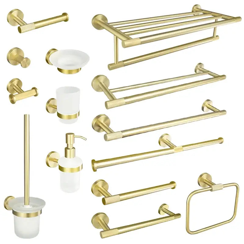 Modern brushed gold bathroom accessories set with frosted glass featuring sleek brushed gold decorbites bathroom hardware