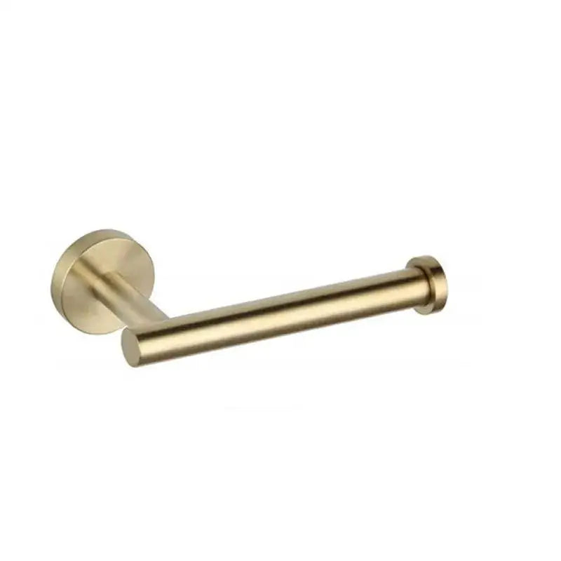 Brass-finished wall-mounted toilet paper holder with sleek cylindrical design in decorbites brushed gold bathroom set