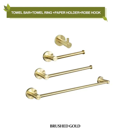 Modern brushed gold bathroom hardware set with towel bar towel ring paper holder and robe hook for bathroom use