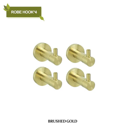 Set of four brushed gold robe hooks with a sleek modern design in a brushed gold bathroom hardware set