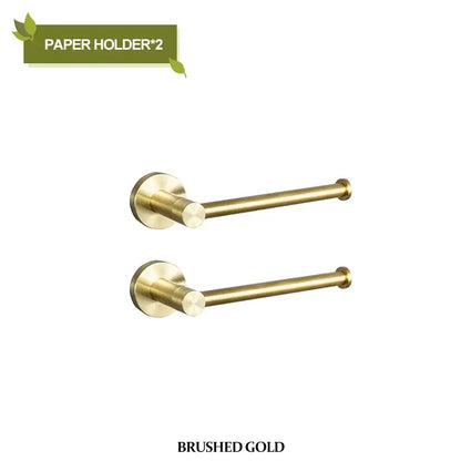 Modern brushed gold bathroom hardware set featuring sleek brushed gold paper holders with cylindrical design and circular mounts