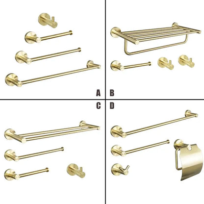 Modern brushed gold bathroom hardware set with sleek brushed metal finish and matching wall-mounted towel racks hooks and holder