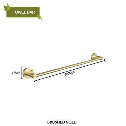 Brushed gold towel bar with sleek modern design and sturdy mounting hardware in bathroom hardware set