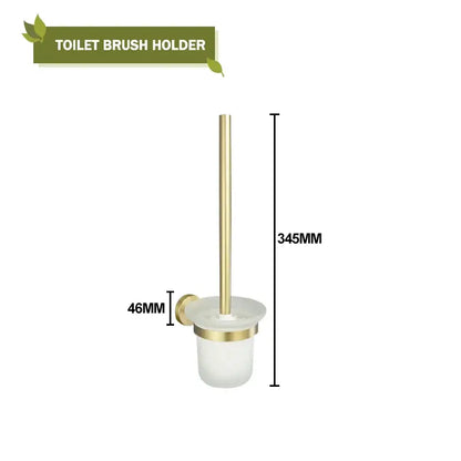 Gold-finished toilet brush holder with frosted glass base and matching brushed gold accent in decorbites bathroom set