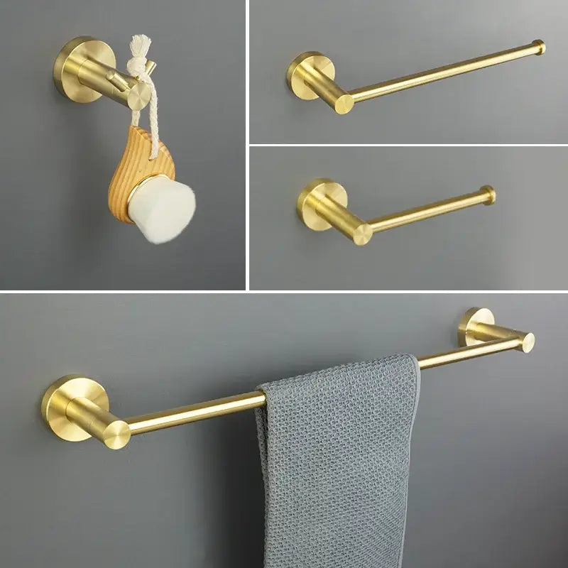 Modern brushed gold bathroom brass towel rack with sleek cylindrical design and circular wall-mounted base decorbites brushed gold