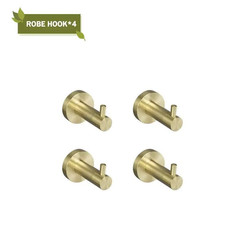 Set of four brushed gold bathroom robe hooks with circular mounting plates by decorbites brushed gold hardware set