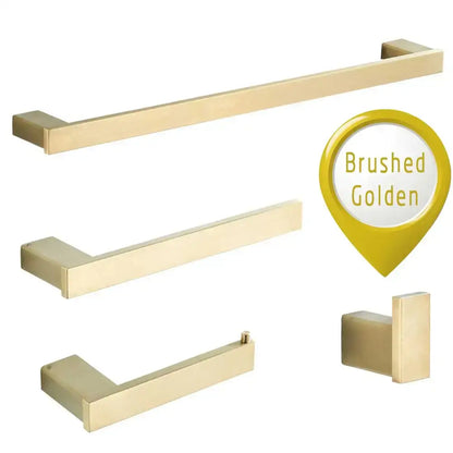 Modern brushed gold bathroom hardware set with rectangular rails and matching hook in sleek brushed gold finish