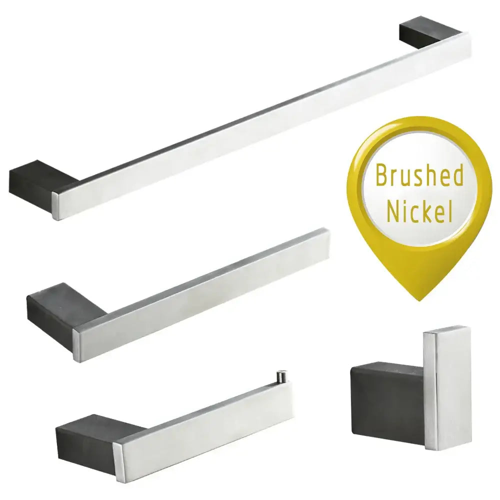 Brushed gold bathroom hardware set with brushed nickel towel rack featuring sleek rectangular design and black accents
