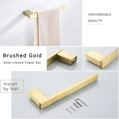 Modern brushed gold bathroom hardware set featuring a semi-closed towel bar with sleek rectangular rails design