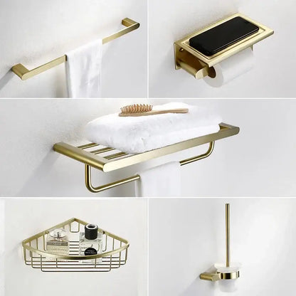 Modern brushed gold bathroom hardware set with shelf and phone holder features sleek decorbites brushed gold finish