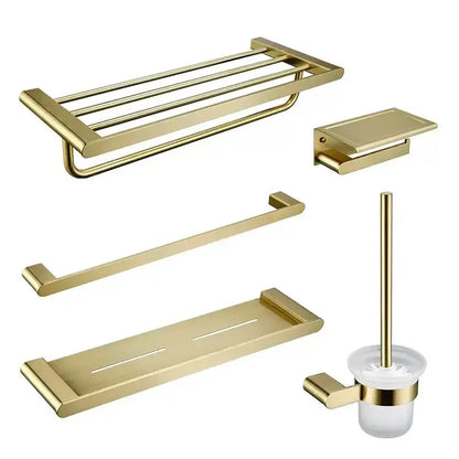Modern brushed gold hardware set with towel rack bar soap dish and toilet brush holder in decorbites brushed gold finish