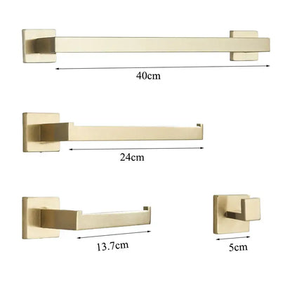 Set of modern brushed gold bathroom hardware set with square brackets including towel bar toilet paper holder soap dish and hook