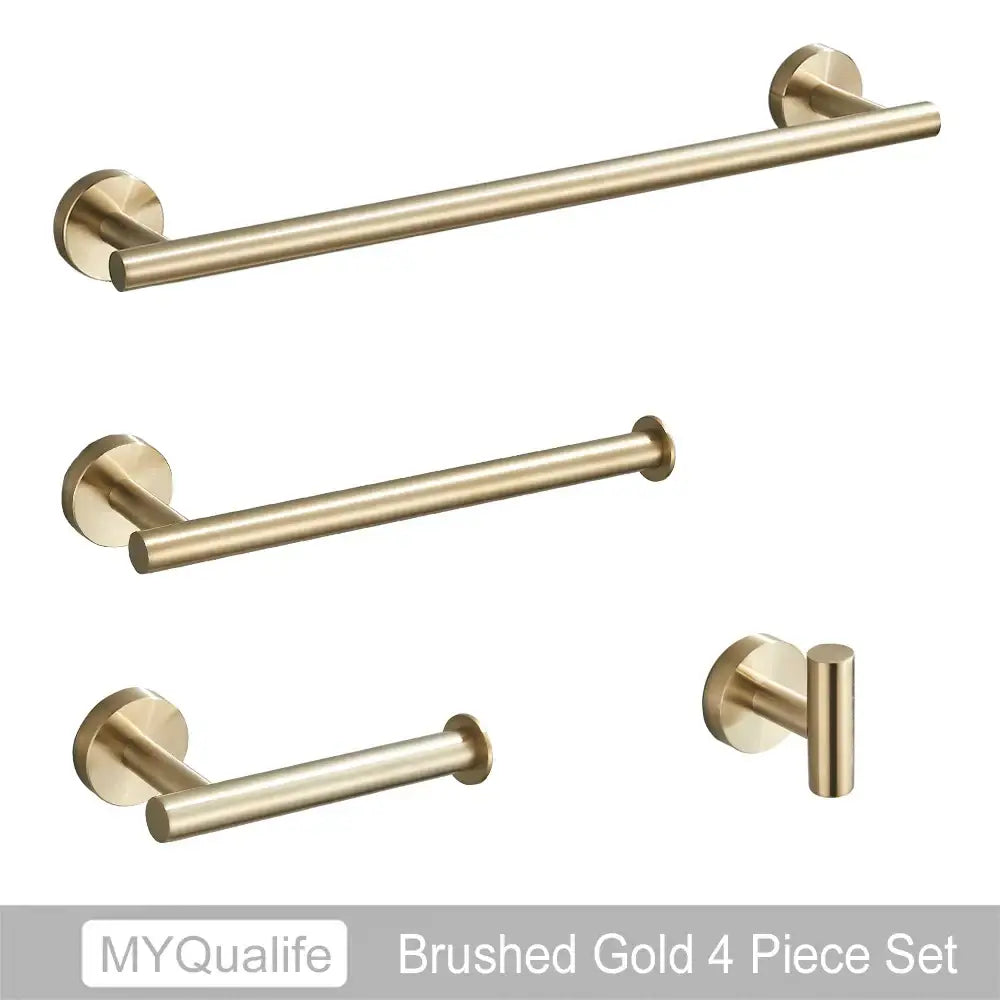 Modern brushed gold bathroom hardware set by decorbites with towel bars, toilet paper holder, and wall hook