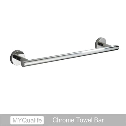 Chrome-finished towel bar with sleek cylindrical design in decorbites brushed gold bathroom hardware set for modern decor
