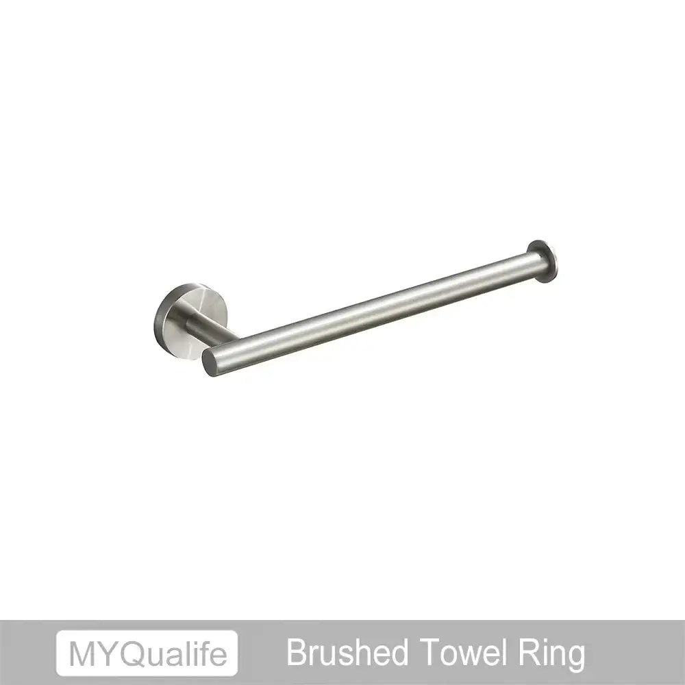 Brushed stainless steel towel ring with sleek modern design and circular mounting plate in decorbites brushed gold hardware set