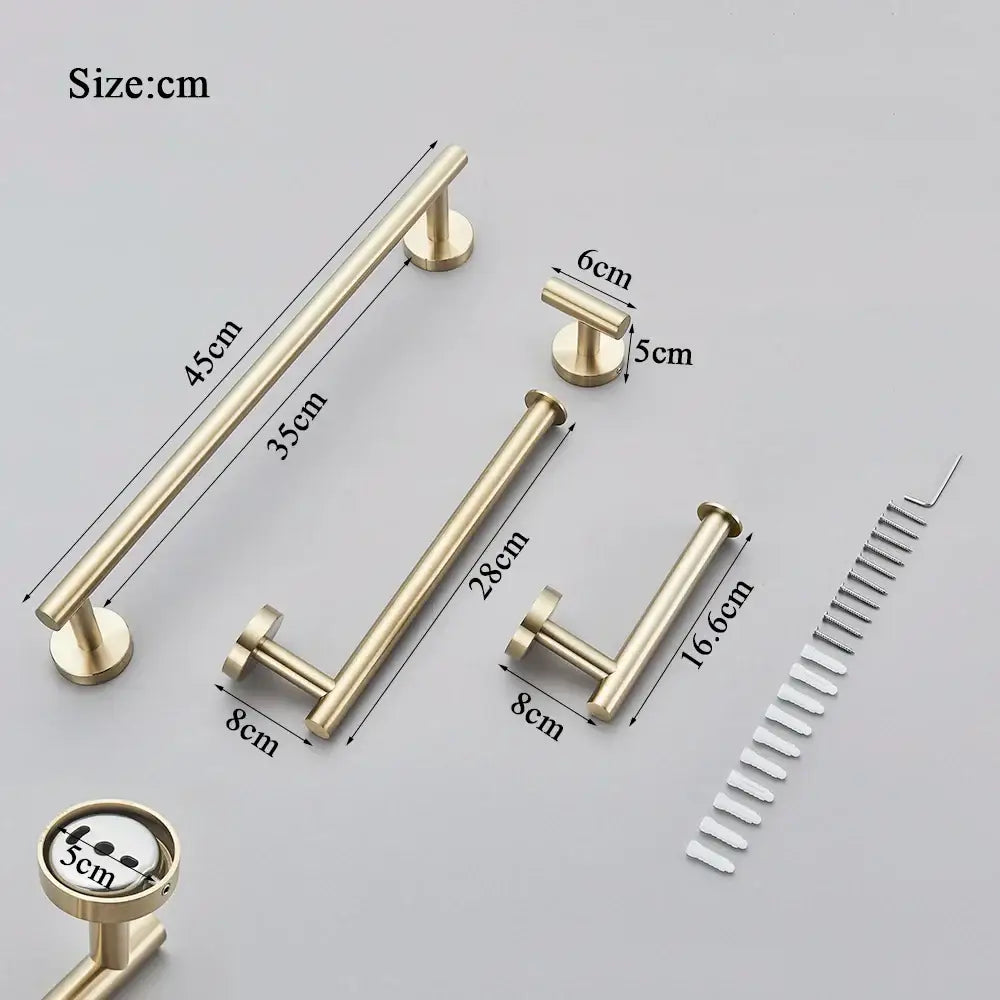 Modern brushed gold bathroom hardware set with various towel bars and matching knobs in decorbites brushed gold finish
