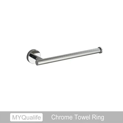 Chrome finished metal towel ring with sleek cylindrical design as part of decorbites brushed gold bathroom hardware set