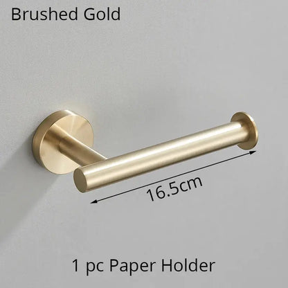 Brushed gold toilet paper holder with sleek cylindrical design and rounded ends from decorbites bathroom hardware set