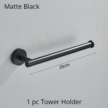 Modern brushed gold bathroom hardware set featuring a matte black metal tower holder with a sleek cylindrical design decorbites bathroom hardware