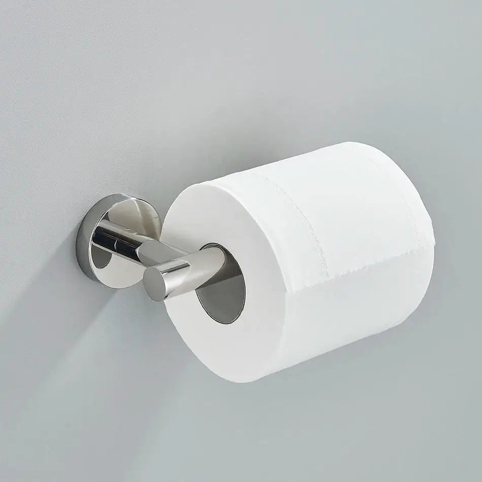 A sleek chrome toilet paper holder from the decorbites bathroom hardware set featuring modern design and durability