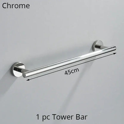 Modern brushed gold bathroom hardware set featuring a chrome finished 45cm tower bar towel rack with circular wall mounts decorbites bathroom hardware