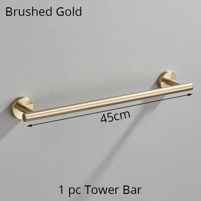 Brushed gold 45cm tower bar towel rack with sleek cylindrical design and modern wall-mounted brackets decorbites bathroom hardware set