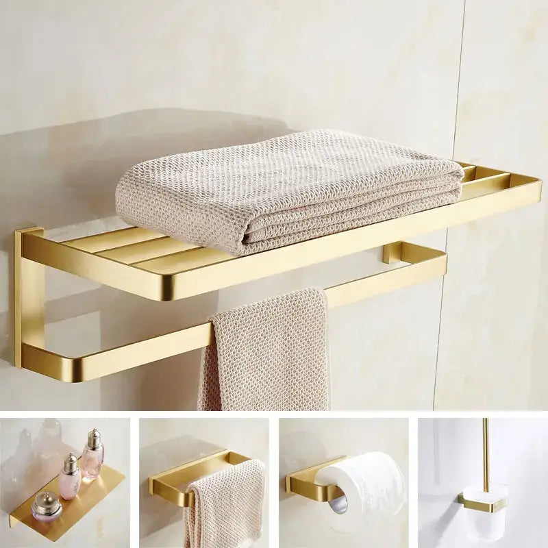 Modern brushed gold hardware set featuring a double-tier bathroom shelf with a sleek brushed metal finish decorbites brushed gold
