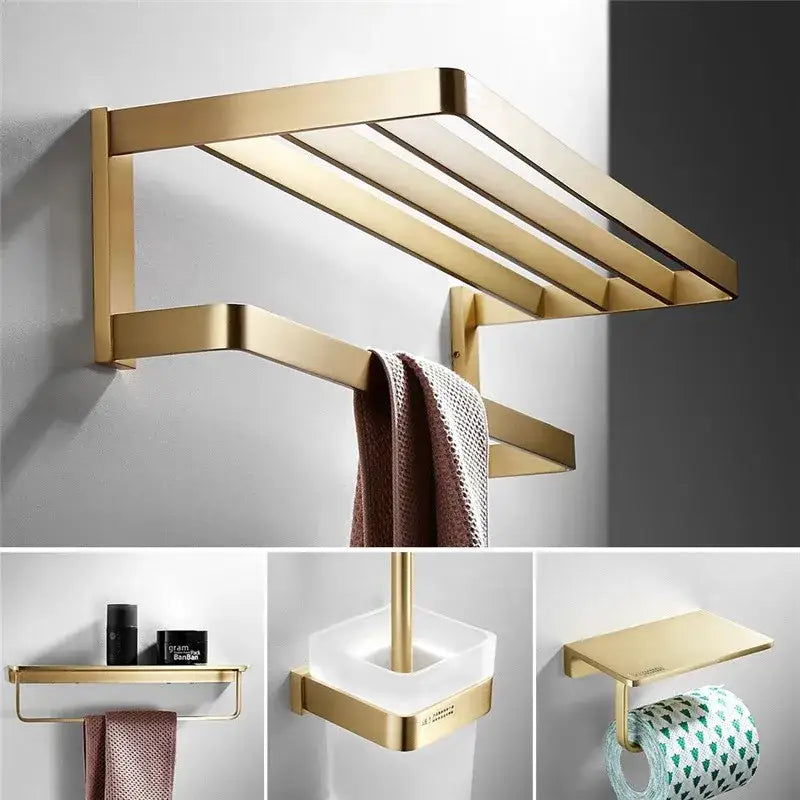 Modern brushed gold hardware set towel rack with multiple horizontal bars for hanging towels by decorbites brushed gold