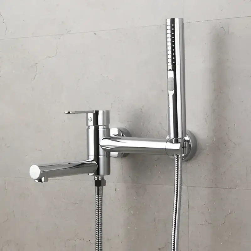 Chrome-finished wall-mounted shower faucet with sleek modern design and handheld spray head for decorbites brushed gold bathtub shower