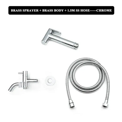 Chrome-finished brass bidet faucet set with sleek modern design and matching chrome metal hose for bathroom use