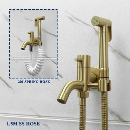 Modern brushed gold bidet faucet set with brass finish and stainless steel hoses for bathroom handheld shower use