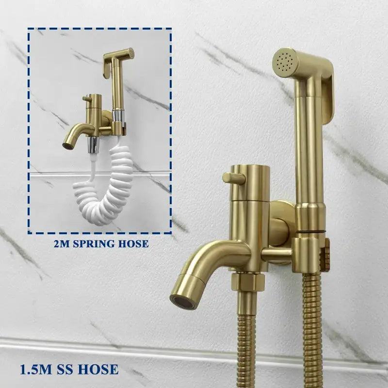 Modern brushed gold bidet faucet set with brass finish and stainless steel hoses for bathroom handheld shower use
