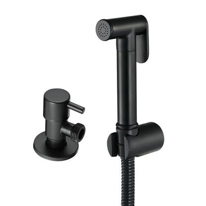 Black matte bidet sprayer kit with flexible hose and wall-mounted valve complementing brushed gold bidet sprayer set