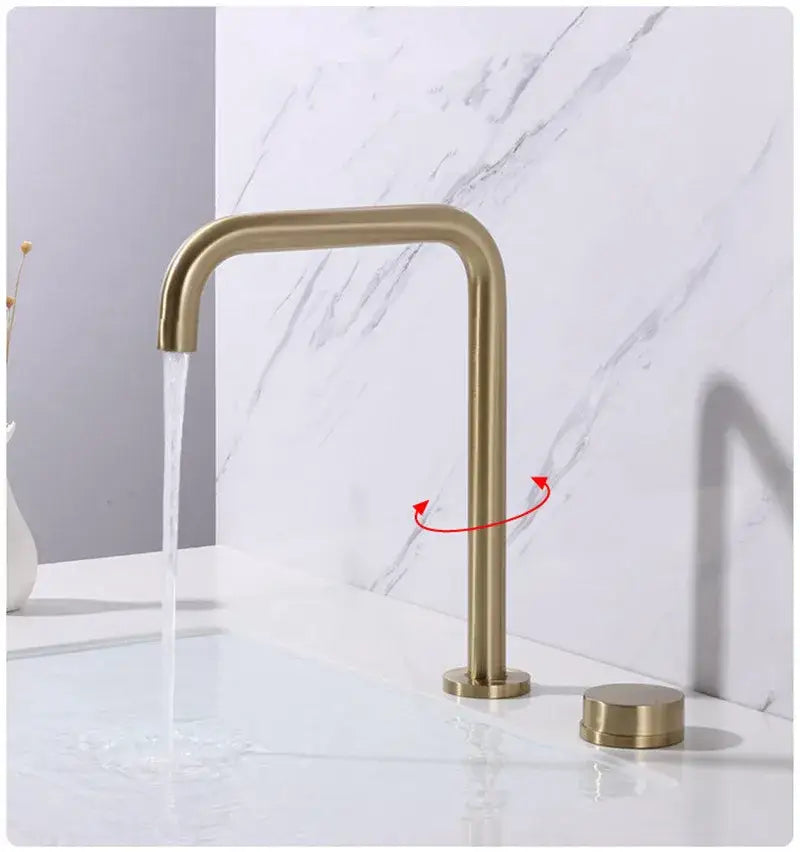 Modern brushed gold basin faucet with sleek minimalist design and two cylindrical handles for kitchen sink decorbites brushed gold