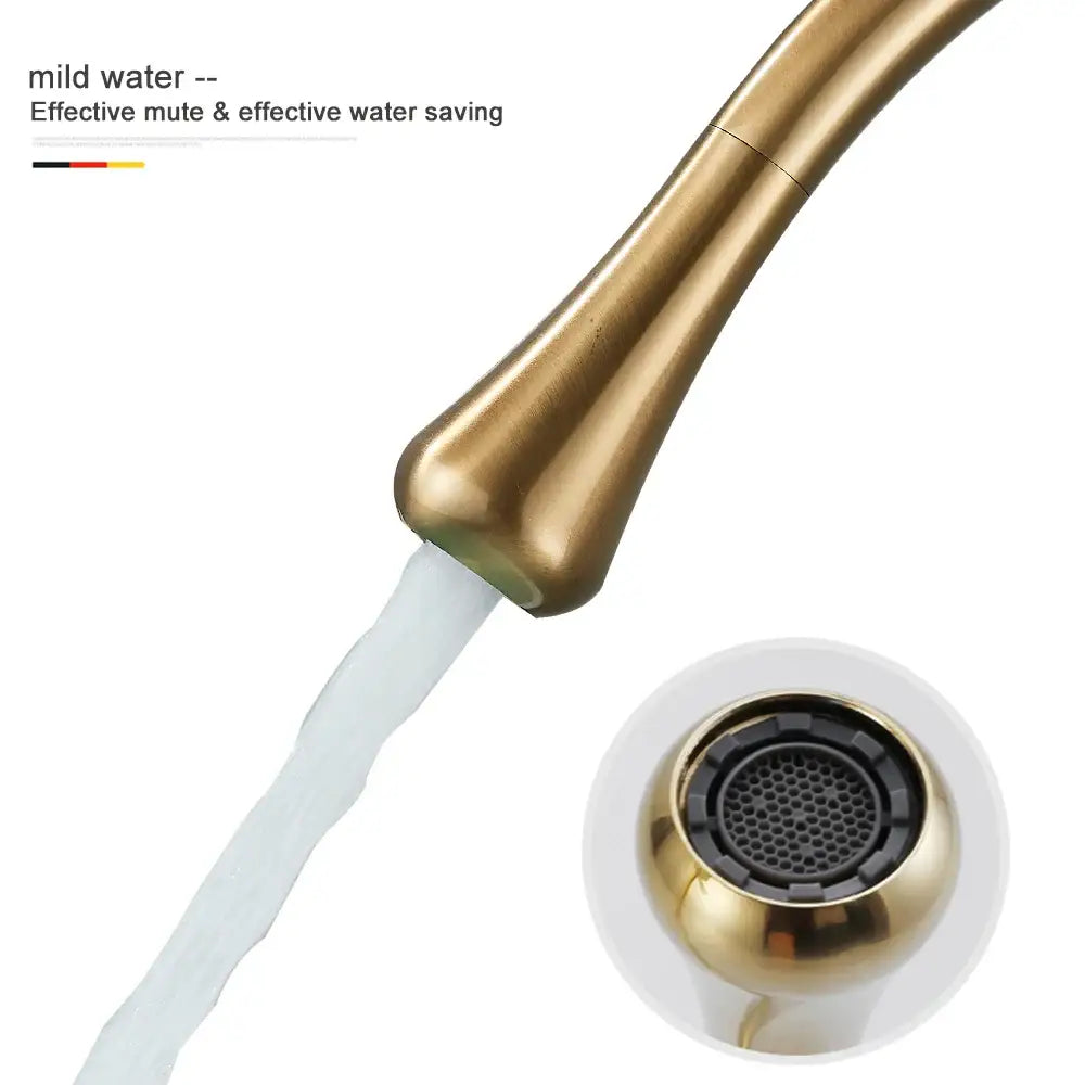 Modern brushed gold and black deck mounted kitchen faucet with a single hole and matte gold-toned finish