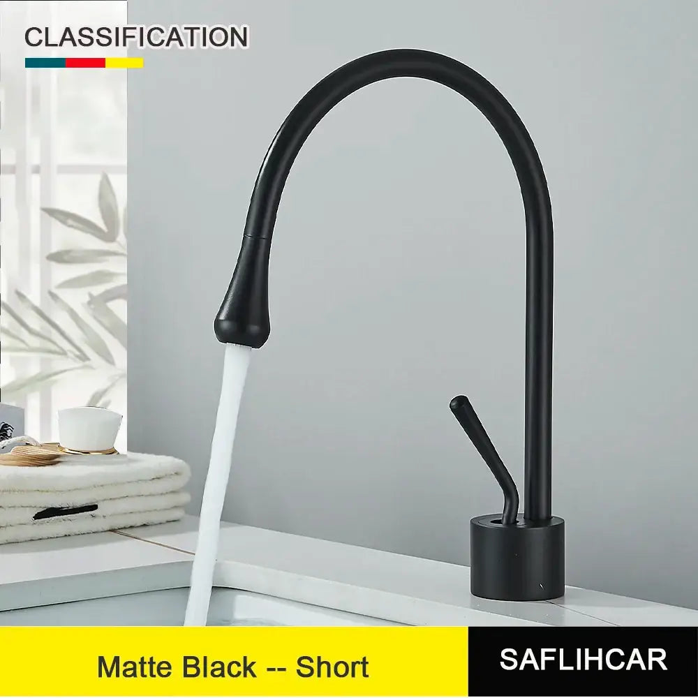 Modern brushed gold and matte black deck mounted kitchen faucet with single hole installation and sleek curved spout