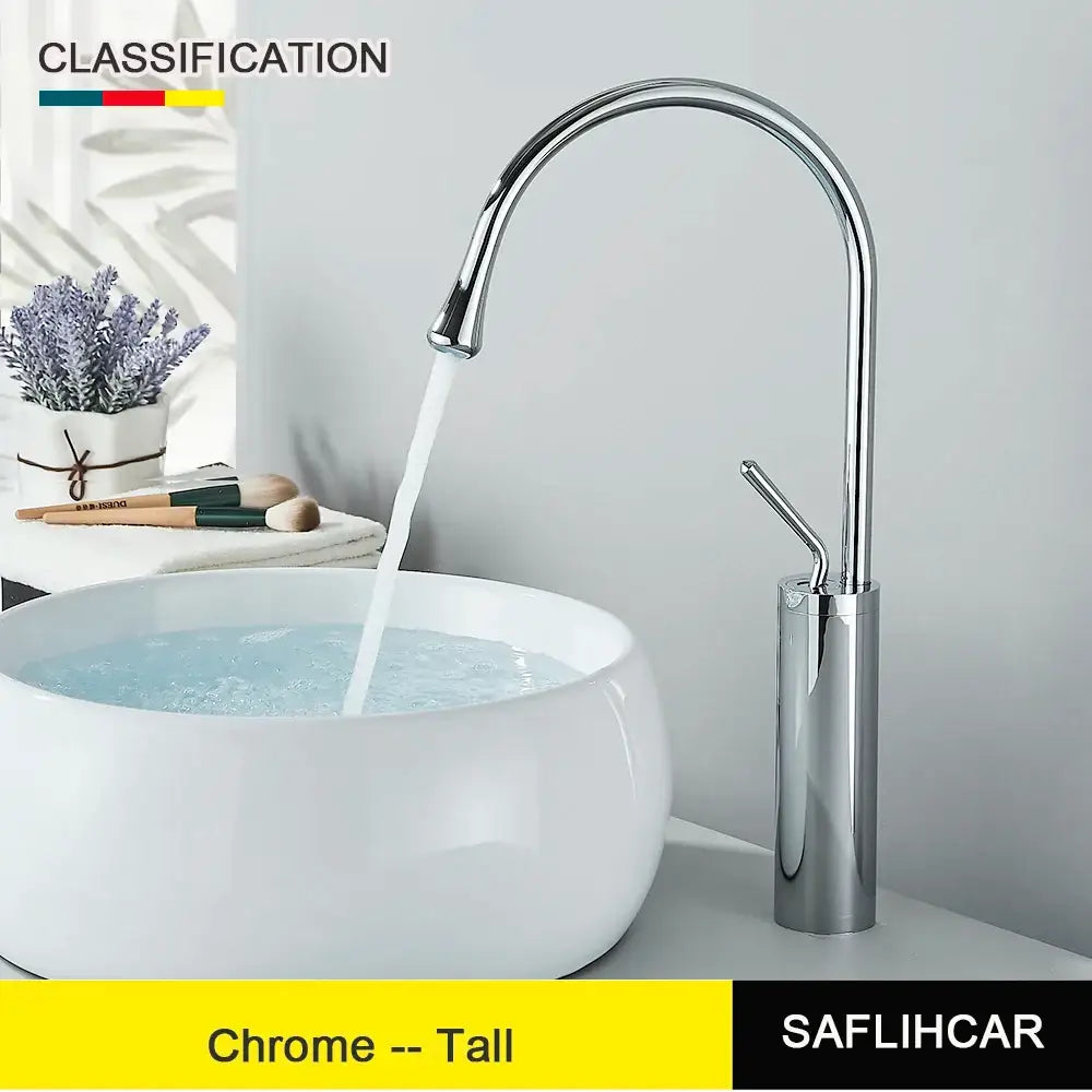 Modern brushed gold and black deck mounted basin tap with chrome finished tall single hole kitchen faucet and curved spout