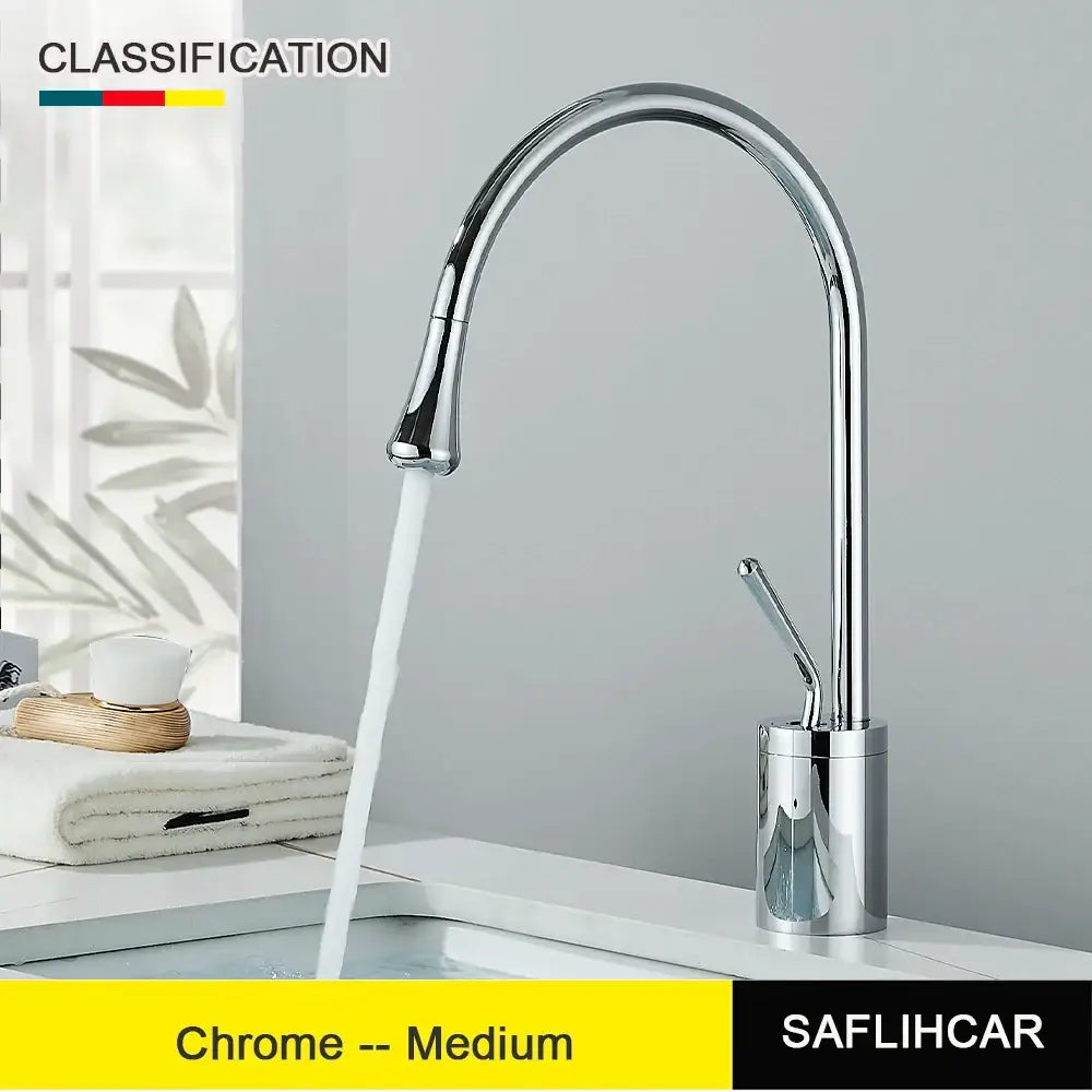 Modern brushed gold and black deck mounted medium kitchen faucet with chrome finish single hole pull-down spray head