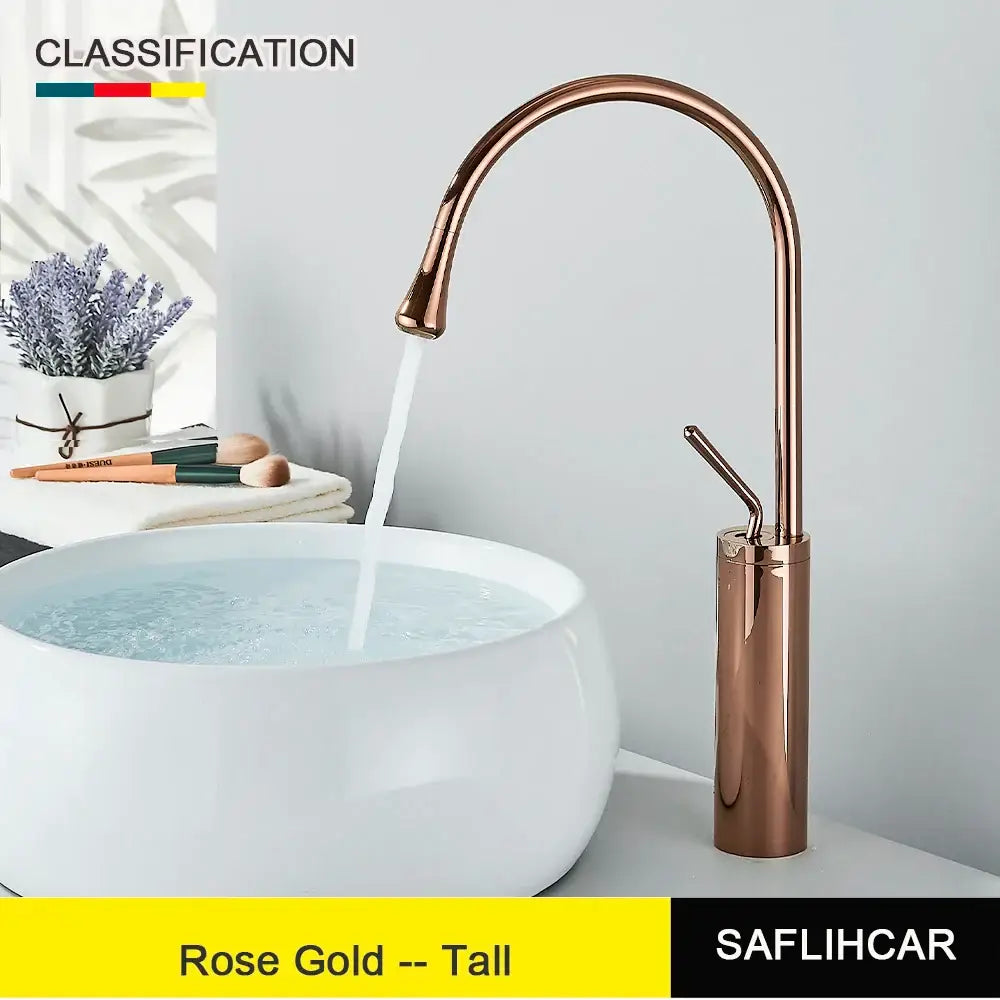 Rose gold tall deck mounted basin tap with sleek curved spout and minimalist design for single hole installation
