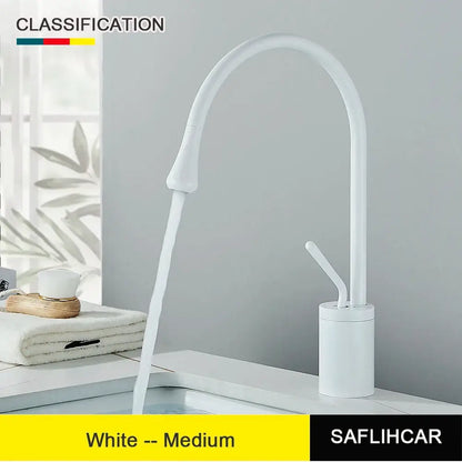 White medium kitchen faucet with sleek curved spout deck mounted single hole modern brushed gold and black basin tap