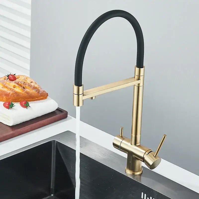 Modern brushed gold and black dual handle pull out kitchen faucet with flexible black hose decorbites brushed gold finish