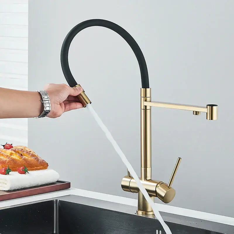 Modern brushed gold dual handle kitchen faucet with flexible black hose and pull out spray head by decorbites